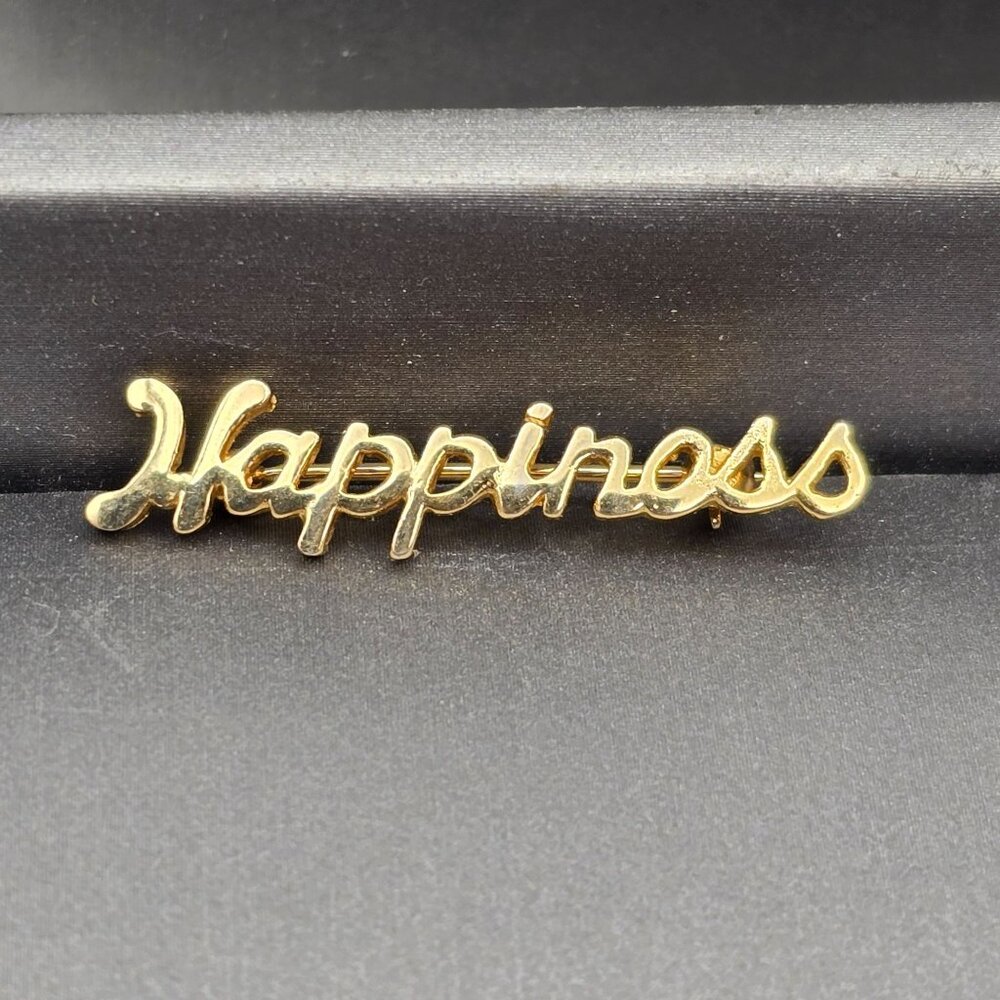 VTG 'Happiness' Gold-Plated Brooch Pin 1 3/8" Script Inspirational Personalized - Picture 1 of 6